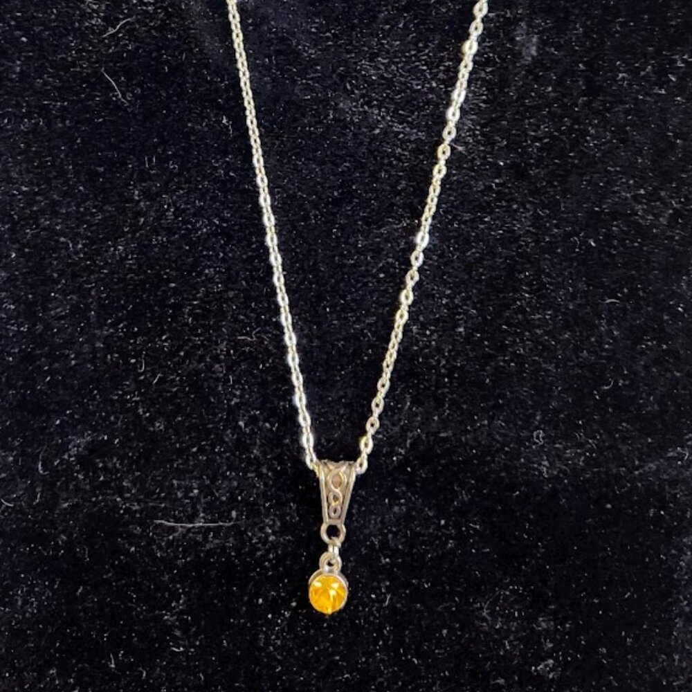 Silver Toned Necklace, 8.5" long, With Orange Crystal/ Artificial Diamond,